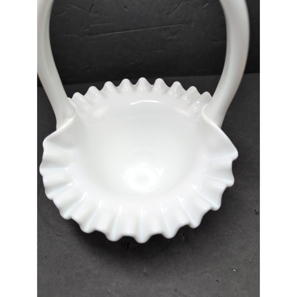 Vintage Fenton Art Glass Milk Glass Hobnail Crimped Basket Candy Dish Handle - Picture 3 of 6